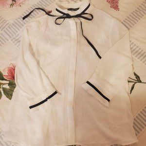 Zara White Collarless Blouse; Ruffles and ties